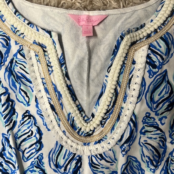Lilly Pulitzer Harper Dress White Drop in Blue Gold Embroidery Shells - Small - Picture 4 of 8